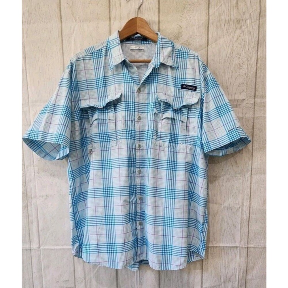 Columbia PFG Shirt Mens L Blue Plaid Super Bahama Omni Shade Short Sleeve